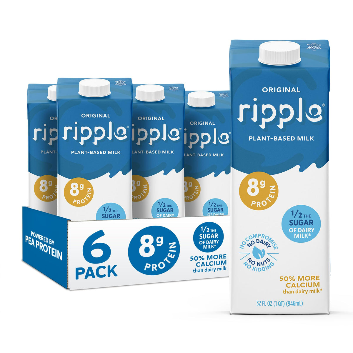 Ripple Kids Original Plant-Based Milk, 32 Fl Oz Cartons (Pack of 6)