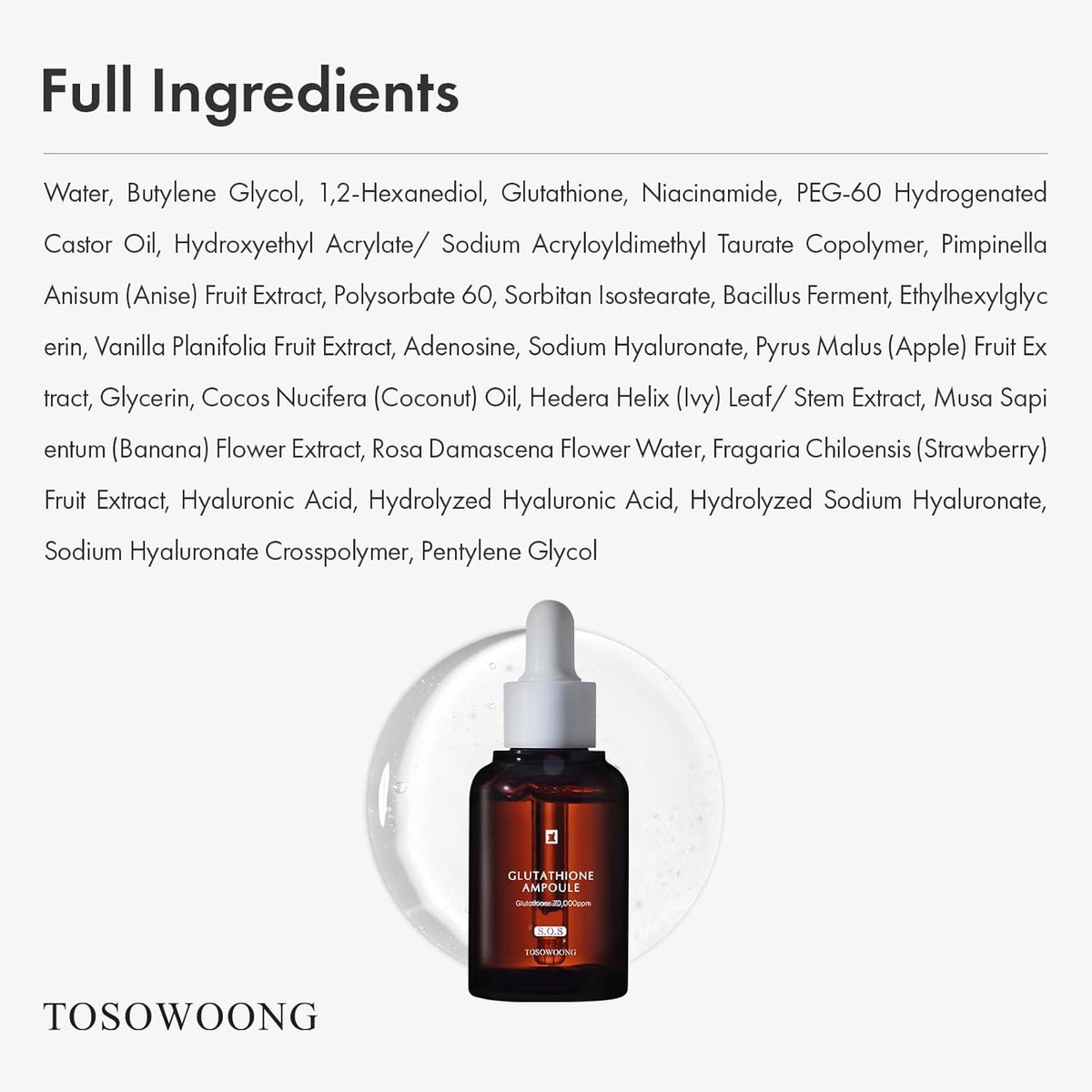 TOSOWOONG Glutathione Serum with 20,000ppm Glutathione, Niacinamide and hyaluronic acid, Dark Spot, Improve skin elasticity, Revitalize complexion, Korean Skincare, 30ml, 1.01 fl. oz.