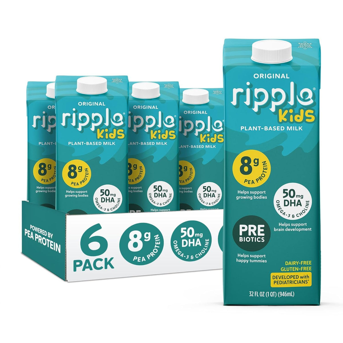 Ripple Kids Original Plant-Based Milk, 32 Fl Oz Cartons (Pack of 6)