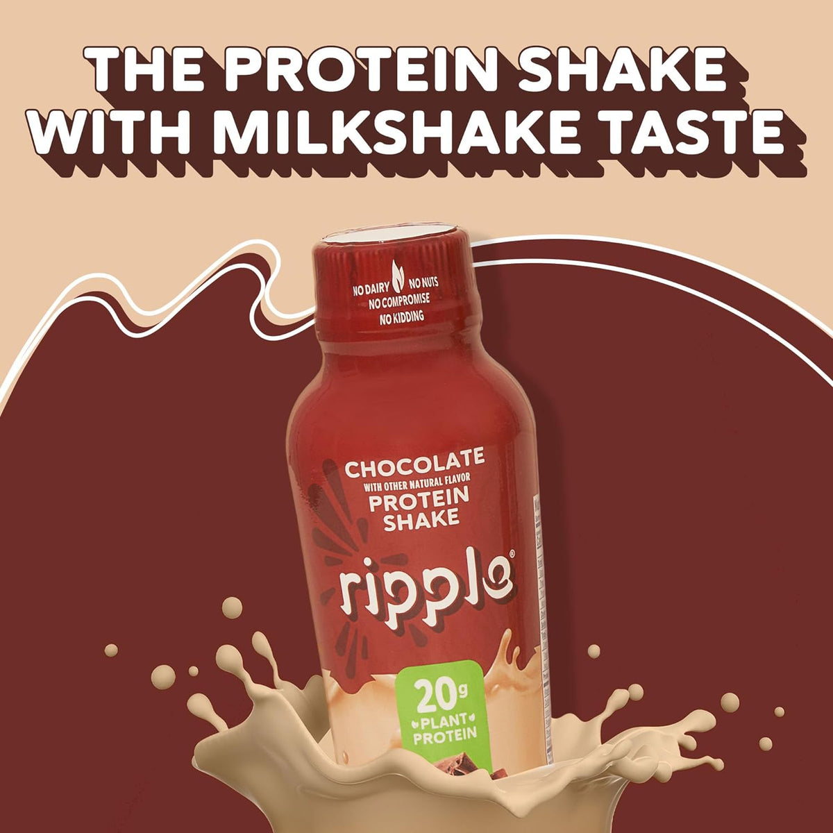 Ripple Chocolate Plant Based Protein Shake | 20g of Quality Sourced Pea Protein, Calcium Rich, Cocoa | Shelf Stable | Vegan & Non GMO | Dairy, Soy, Nut, & Gluten Free | 12 Fl Oz Bottles (Pack of 12)