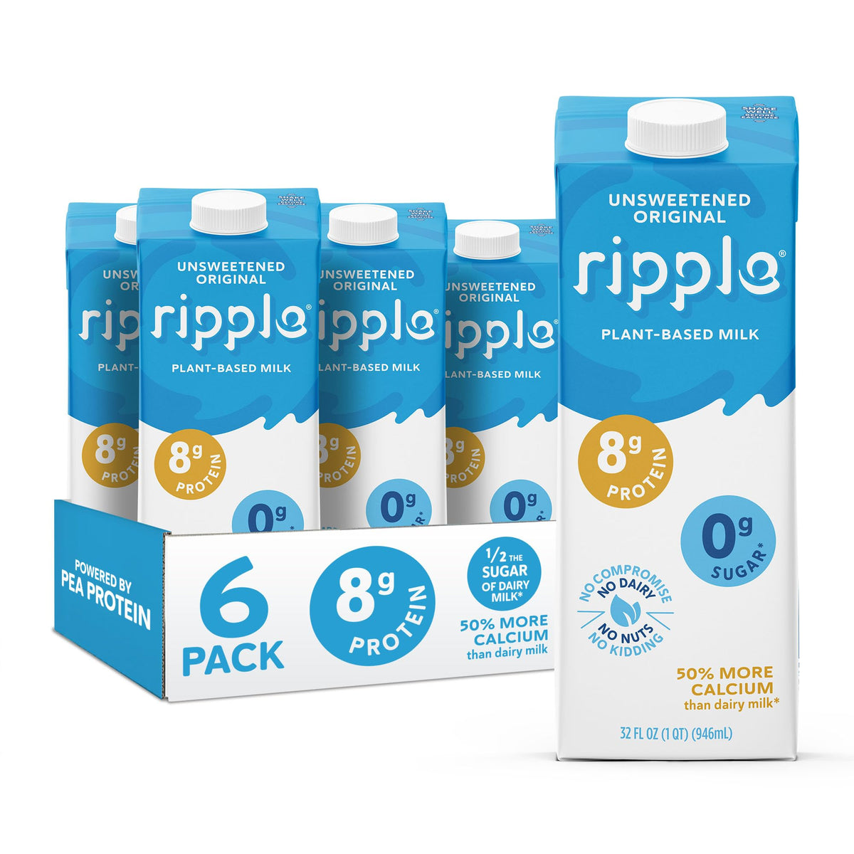 Ripple Kids Original Plant-Based Milk, 32 Fl Oz Cartons (Pack of 6)