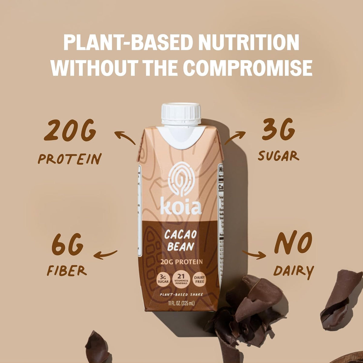 Koia Plant-Based Protein Shake, Cacao Bean, 11 Fl Oz (Pack of 12)