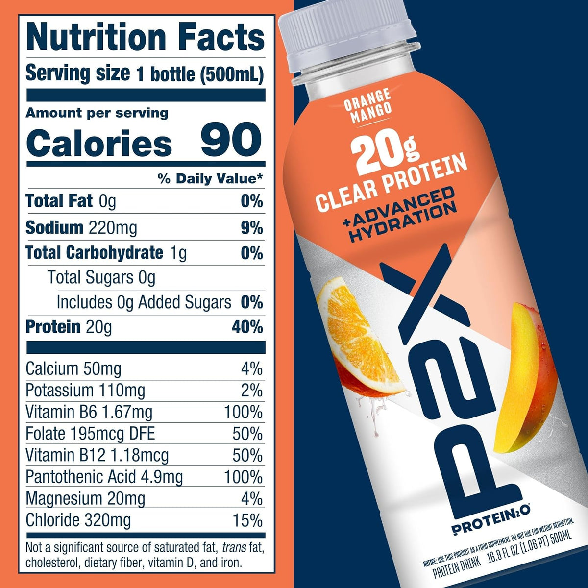 Protein2o P2X Advanced Hydration 20g Clear Protein Drink, 720mg of Electrolytes, 0g of Sugar - Post-Workout Recovery - 16.9 Fl Oz - 12 Count Orange Mango