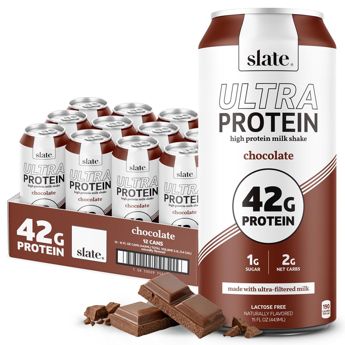 Slate Milk - Ultra Protein Shake - Vanilla - 42g Protein, 1g Sugar, 180 Calories, 1g Net Carbs - Lactose Free, No Added Sugar - Made with Ultra Filtered Milk - Breakfast Boost, Post Workout - 15 fl oz, 12 Cans